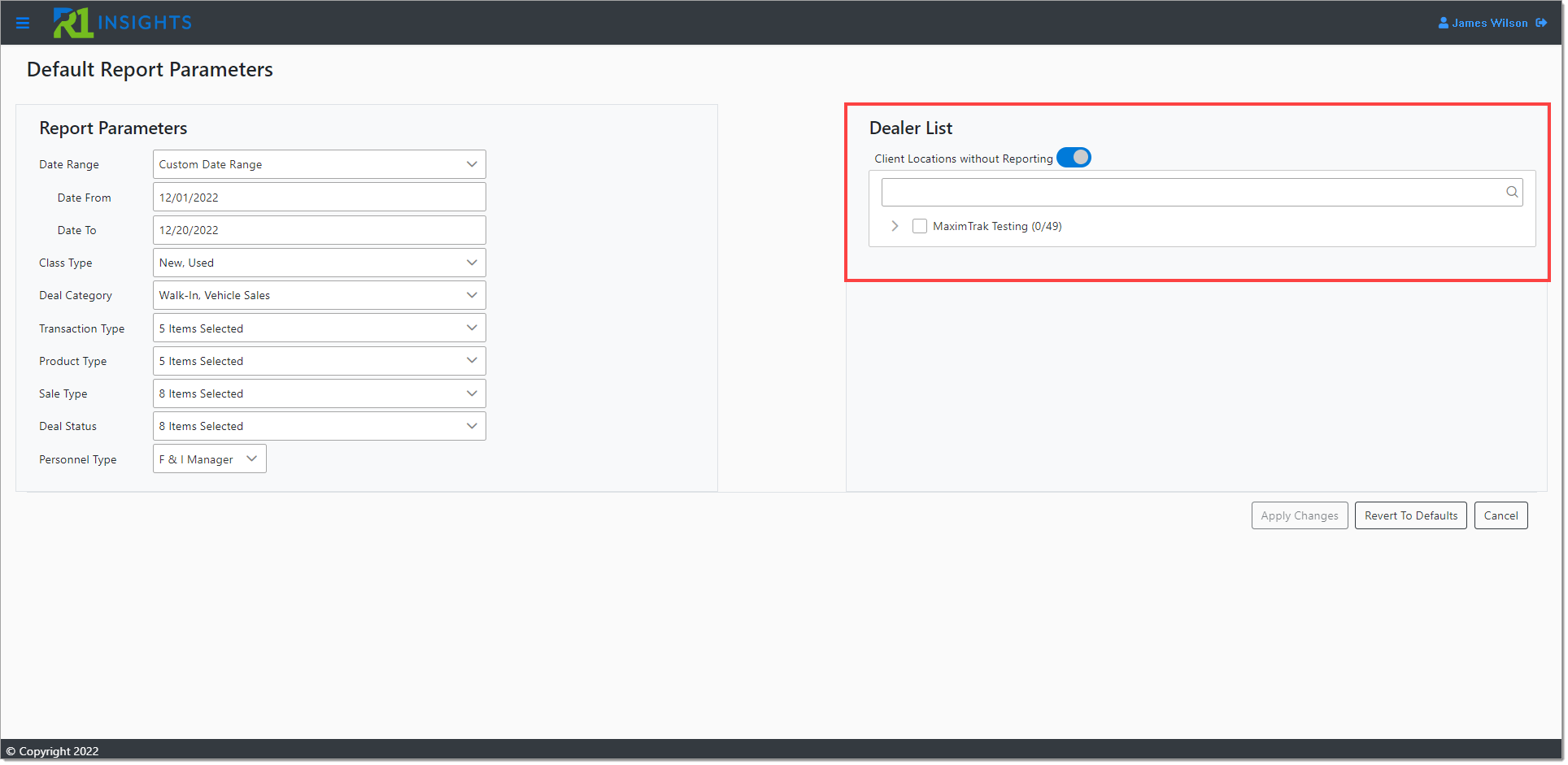 The Default Report Parameters page with a box highlighting the ‘Dealer List’ section.