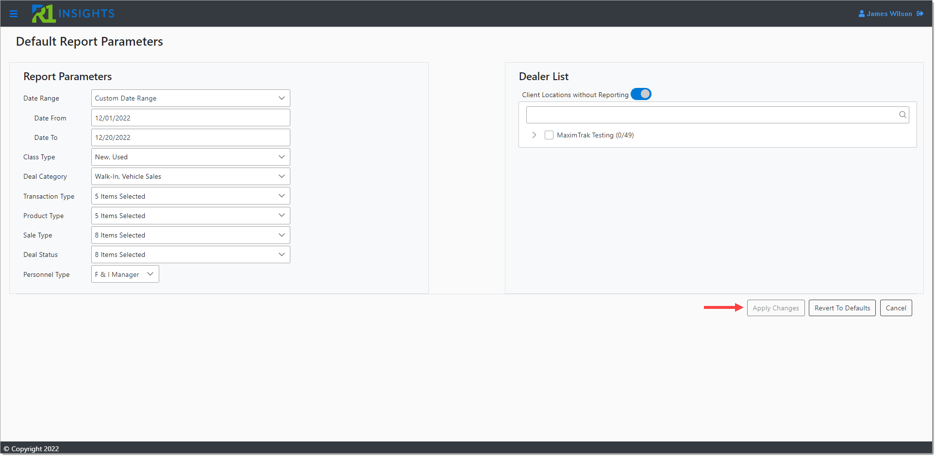 The Default Report Parameters page with an arrow pointing to the ‘Apply Changes’ button in the bottom right corner.