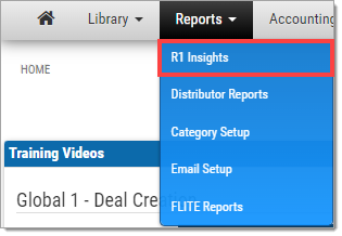 A cropped view of the ‘Reports’ drop-down menu, with a box highlighting the ‘R1 Insights’ option.