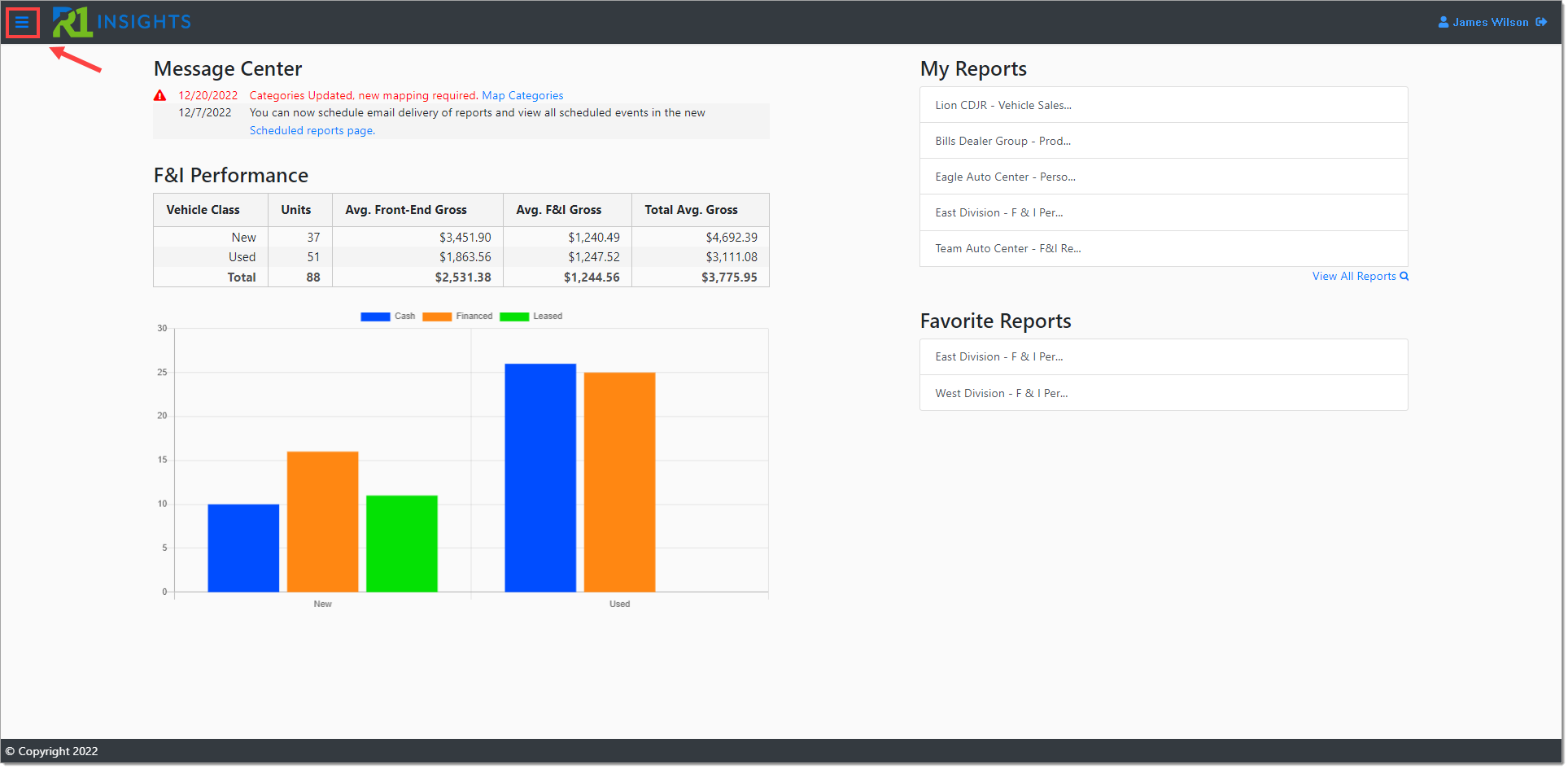 The RouteOne Insights home page, with an arrow pointing to a box highlighting the navigation menu icon in the top left-hand corner. 