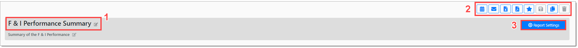 A cropped view of the reports section of the page, with boxes highlighting the Report Title, which is indicated by a ‘1,’ the Report Action buttons, which is indicated by a ‘2,’ and the ‘Report Settings’ button, which is indicated by a ‘3.’