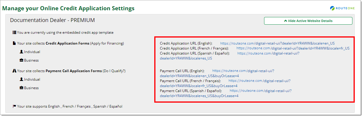 The Manage your Online Credit Application Settings page with the Active Website Details  section expanded, with the shown URLs highlighted by a box.