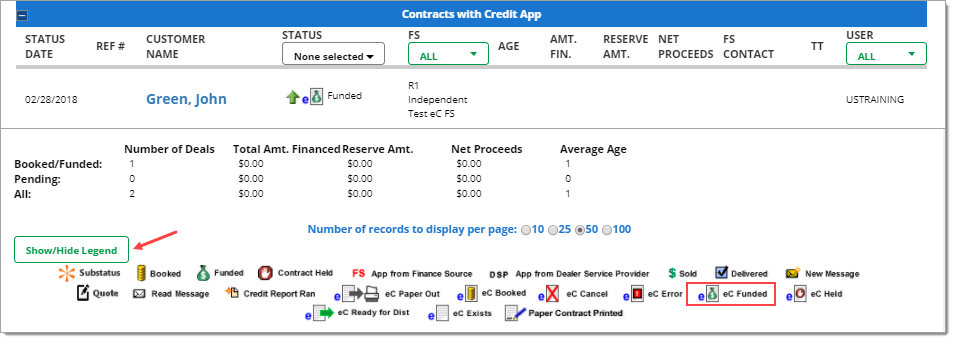 Arrow pointing to ‘Show/Hide Legend’ button. Box around ‘eC Funded’ status icon.