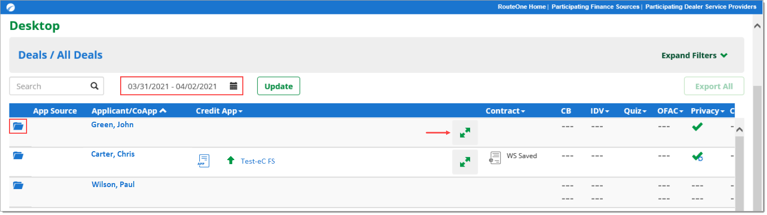 Box around selectable date range. Box around Deal Jacket folder icon. Arrow pointing to the set of arrows in the grey box that loads the Decision Snapshot for the deal. 