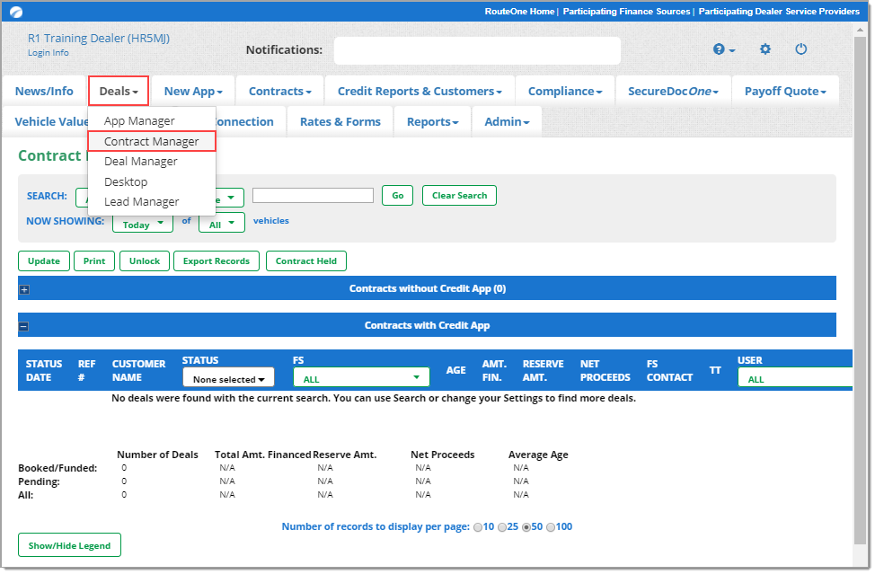 Box around ‘Deal’ tab and box around ‘Contract Manager’ selected from dropdown. 