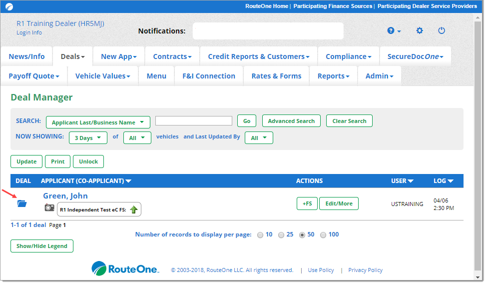 The Deal Manager page with an arrow pointing to the ‘Deal’ icon of the example deal.