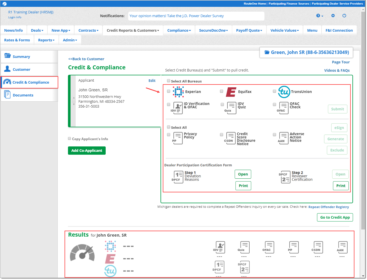 The Credit and Compliance page of the Deal Jacket, with an arrow pointing to a box highlighting the credit bureaus, compliance activities and compliance actions options, and a box highlighting the ‘Results’ section.