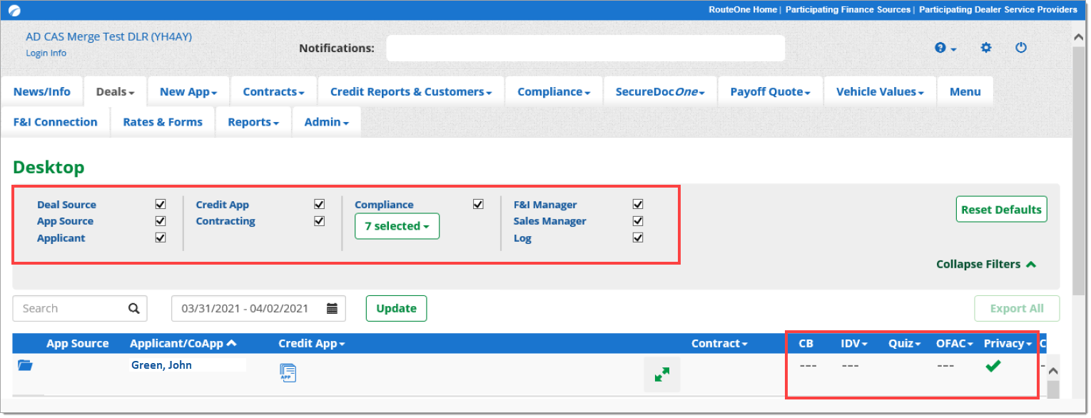 The Desktop page with a box highlighting the filters and a box highlighting the compliance statuses. 