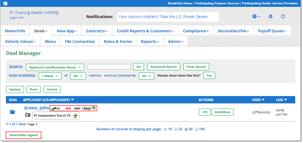  The Deal Manager page with a box highlighting the compliance statuses of the example deal and a box highlighting the ‘Show/Hide Legend’ button. 