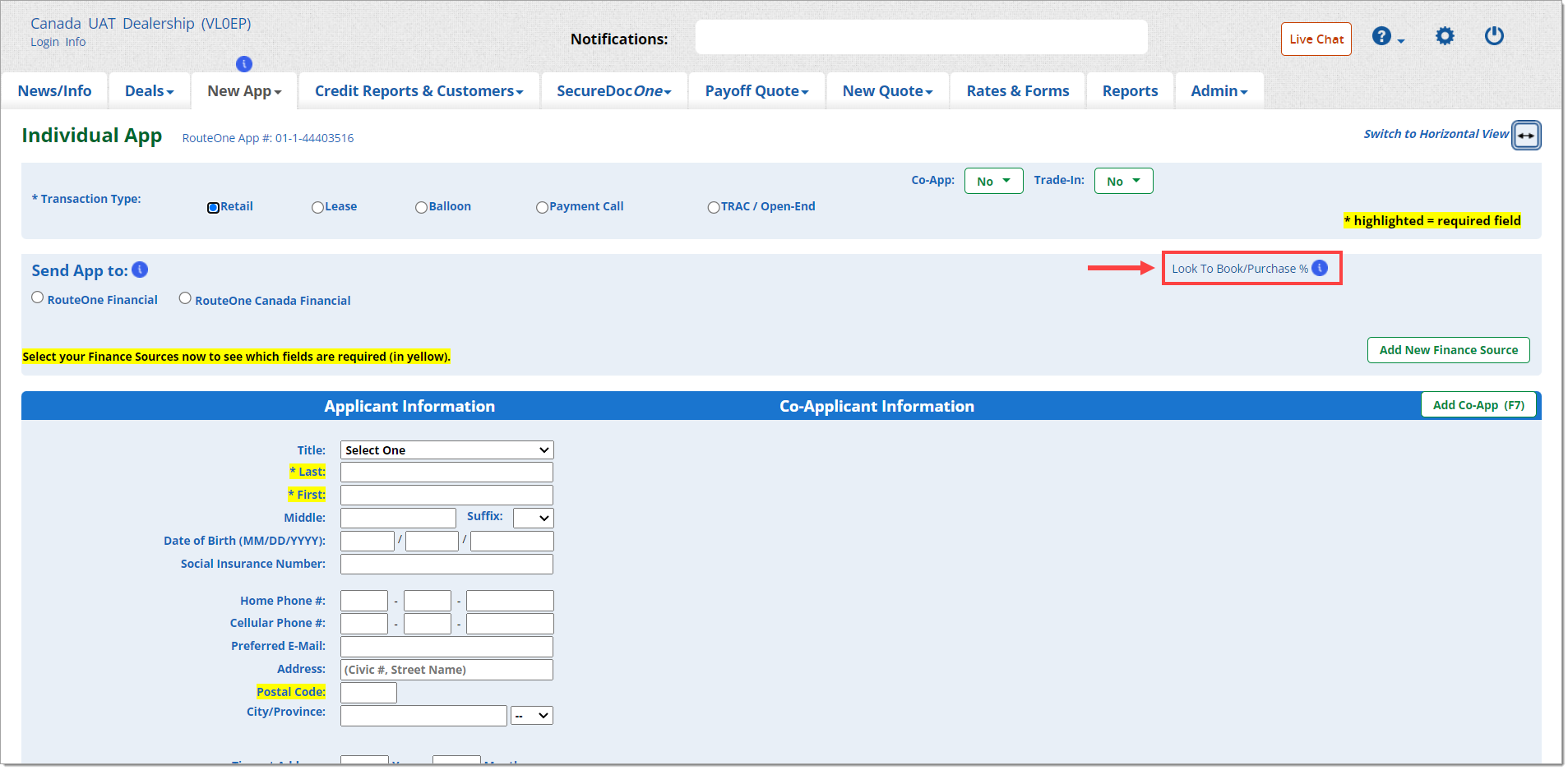 A credit application with the ‘Look to Book/Purchase %’ link at the top of the finance sources section highlighted by a box with an arrow pointing to it.