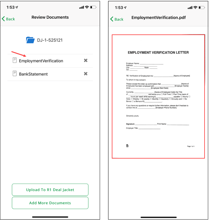 Two sequential screenshots from a mobile device. The first shows the ‘Review Documents’ page with an arrow pointing to the title of the ‘EmploymentVerification’ document. The second shows the Employment Verification document preview highlighted by a box.