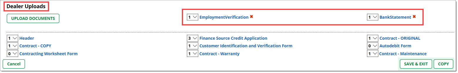 The ‘Dealer Uploads’ section of the Deal Worksheet with boxes highlighting the title of the section and the newly uploaded documents.