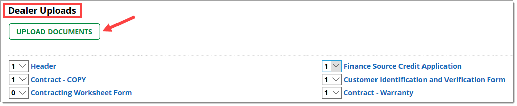 The ‘Dealer Uploads’ section of the Deal Worksheet with a box highlighting the title of the section and an arrow pointing to the ‘Upload Documents’ button.