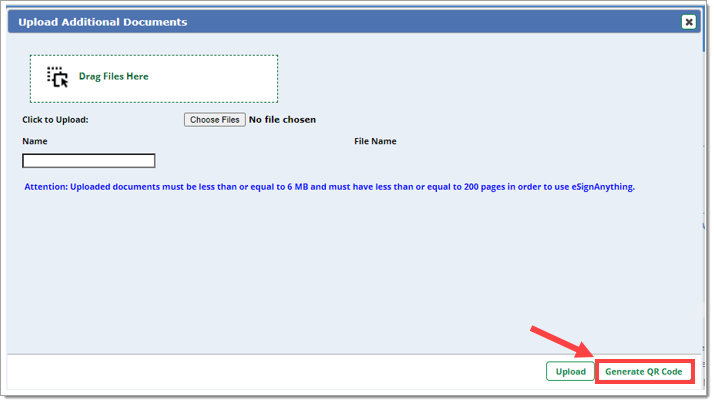 The Upload Additional Documents window with an arrow pointing to the ‘Generate QR Code’ button.