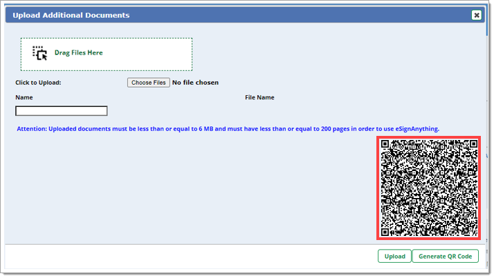 The Upload Additional Documents window with a QR code generated and highlighted by a box.