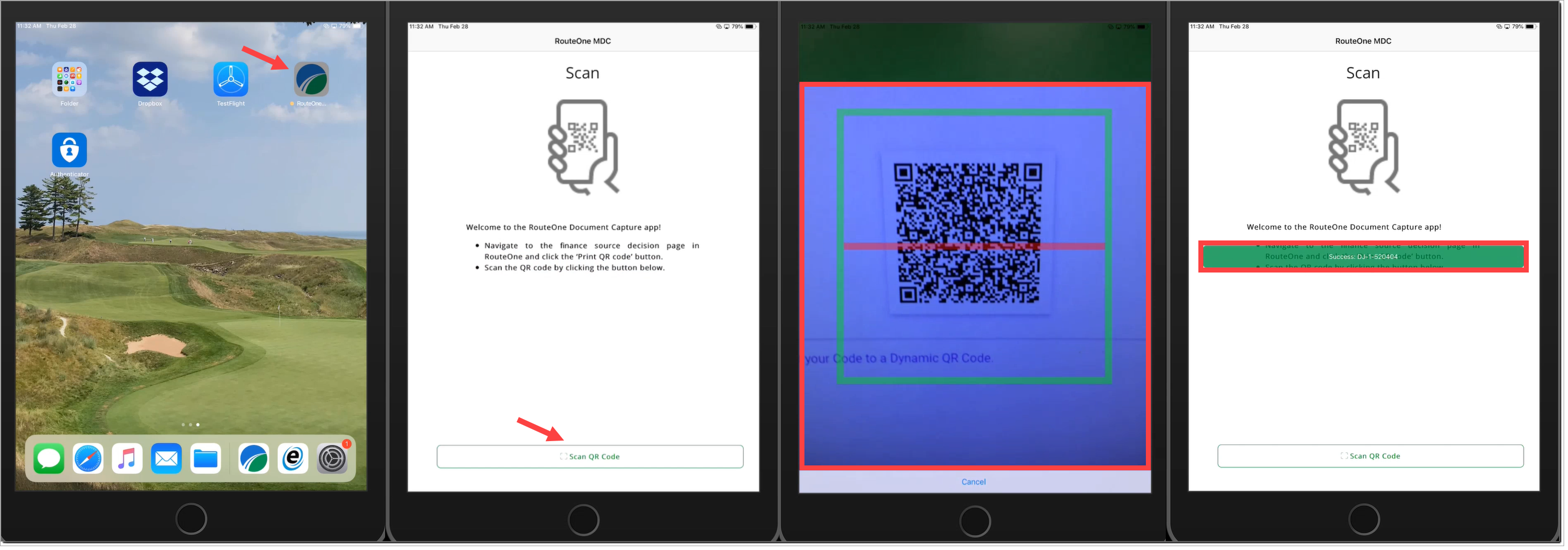 Four sequential screenshots of a tablet. The first shows the tablet’s home screen with an arrow pointing to the RouteOne Mobile Document Capture app icon. The second shows the main page of the RouteOne MDC app with an arrow pointing to the ‘Scan QR Code’ button. The third shows the camera scanning a QR code. The fourth shows the final screen with the QR code successfully scanned and a box highlighting the green ‘Success’ message.