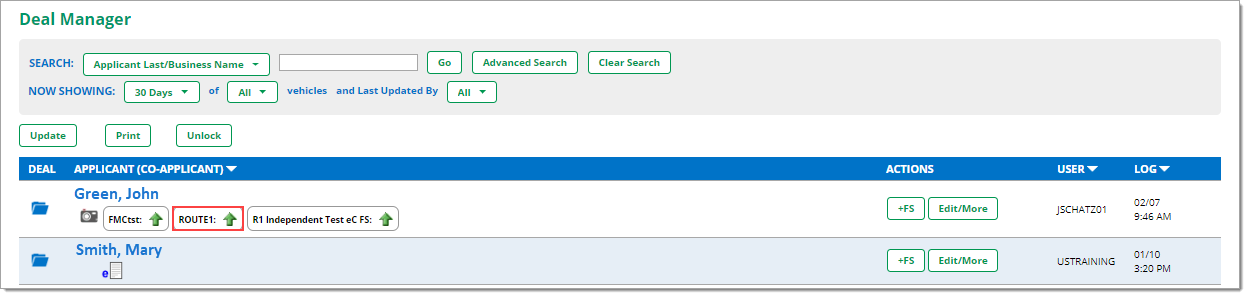 The Deal Manager page with a box highlighting a decision status of the example deal.