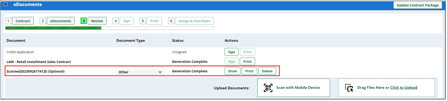 The eDocuments section with a box highlighting the recently uploaded document.