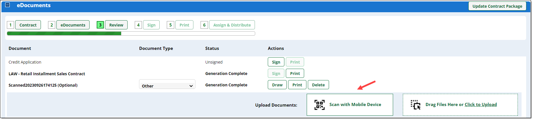 The ‘eDocuments’ section with an arrow pointing to ‘Scan with Mobile Device’ button.