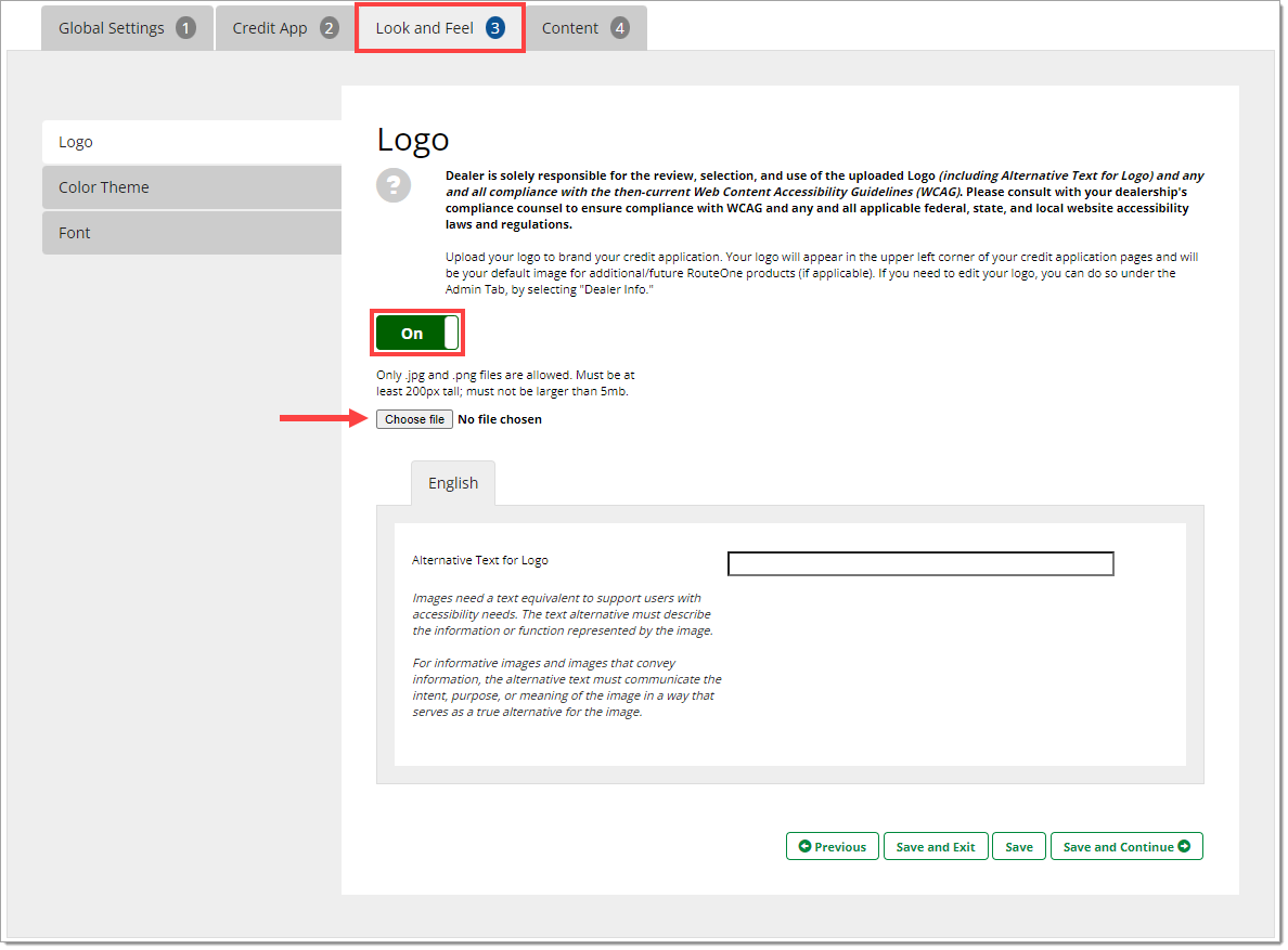 The Logo page of the Look and Feel tab with a box highlighting the toggle set to ‘On’ and an arrow pointing  to the ‘Choose File’ button.