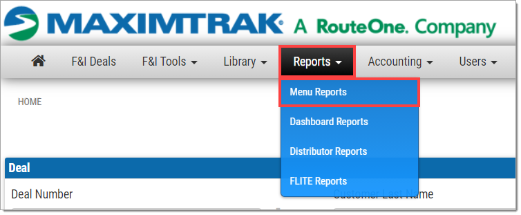 A zoomed-in view of the top menu on the RouteOne Menu home page, with the ‘Reports’ drop-down menu expanded and highlighted by a box, and the ‘Menu Reports’ option of the drop-down menu highlighted by a box.