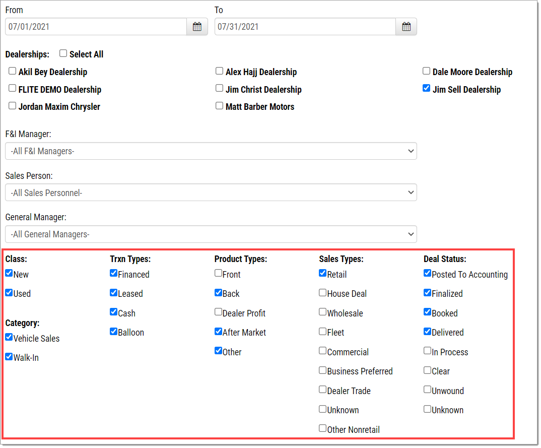 A zoomed-in view of the options in the My Report section of the Menu Reports page with a box highlighting the various available vehicle options with some boxes checked. 