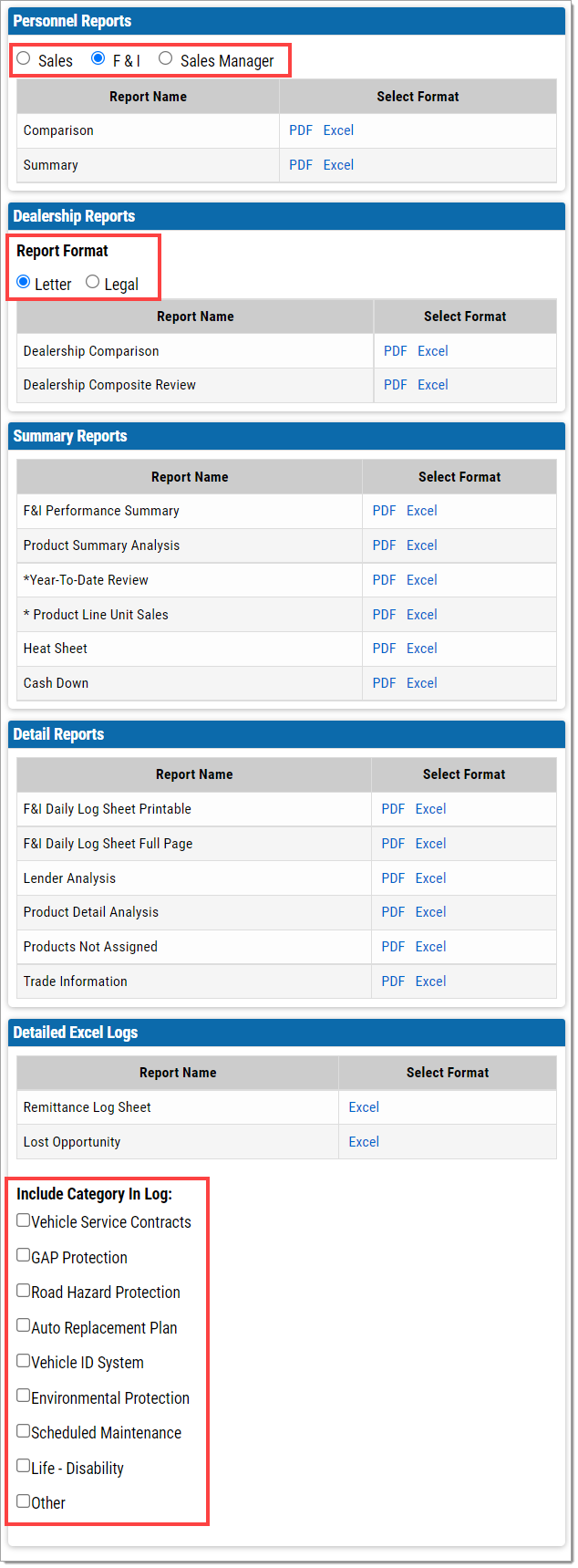 The right half of the Menu Reports page, with boxes highlighting the ‘Personel Reports’ options in that section, the ‘Report Format’ options in the ‘Dealership Reports’ section, and the ‘Include Category In Log’ options in the ‘Deatailed Excel Logs’ section. 