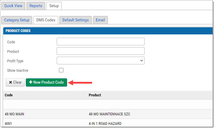 The DMS Codes tab, zoomed in to the upper left-hand corner, with an arrow pointing to the New Product Code button. 