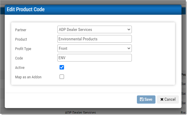 The Edit Product Code popup window for the product “Environmental Products”.