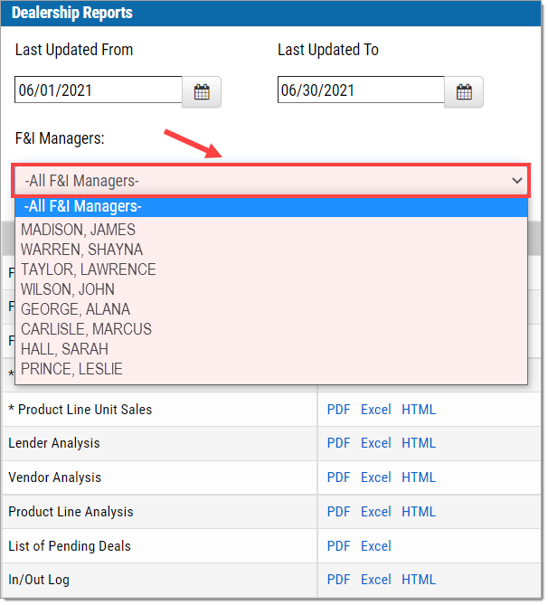 The Dealership Reports section of the Menu Reports page with the ‘F&I Managers’ drop-down menu opened and highlighted by a box, showing a list of managers.