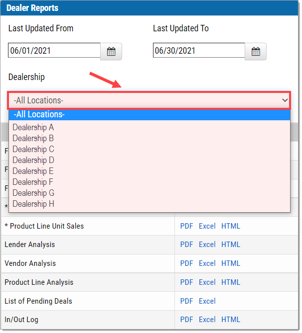 The Dealer Reports section of the Menu Reports page, with the ‘Dealerships’ drop-down menu opened and highlighted by a box, showing a list of dealerships.