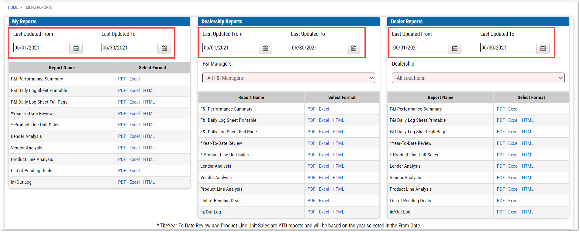 The Menu Reports box with boxes highlighting the ’Last Updated From/To’ fields in each section.