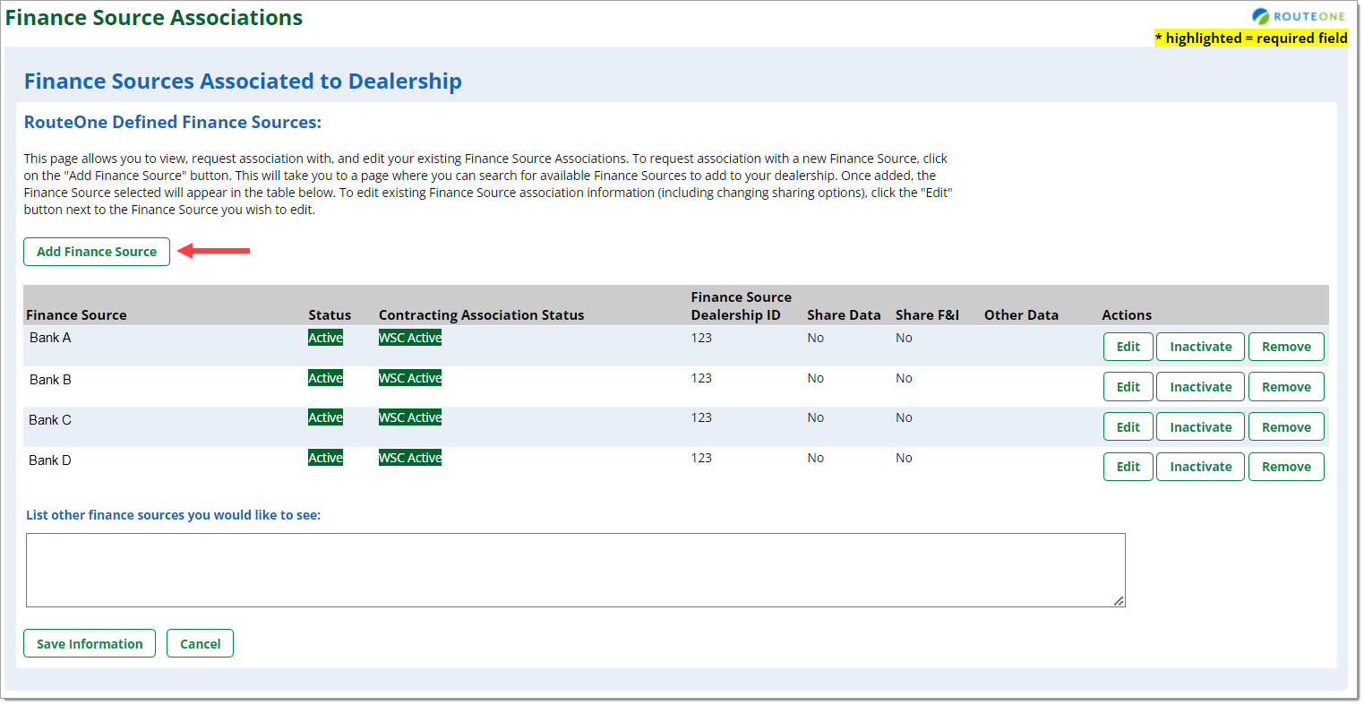 The Finance Sources Associations page with an arrow pointing to the ‘Add Finance Source’ button.