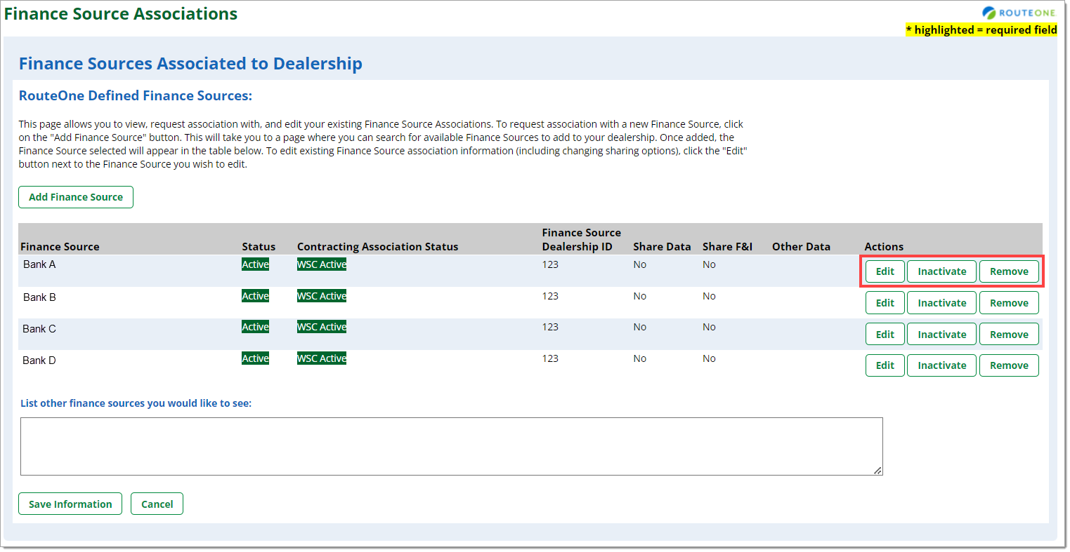 The Finance Source Associations page with a box highlighting the ‘Edit,’ ‘Inactivate,’ and ‘Remove’ buttons in the ‘Actions’ column.