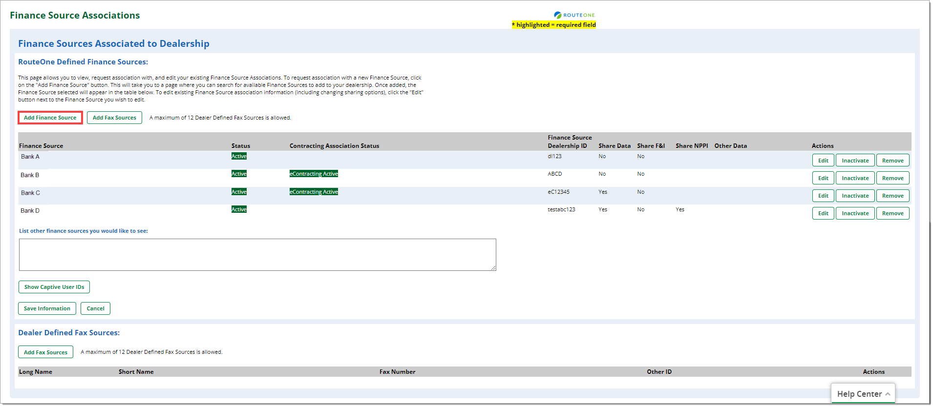 The Finance Sources Associations page with an arrow pointing to the ‘Add Finance Source’ button.