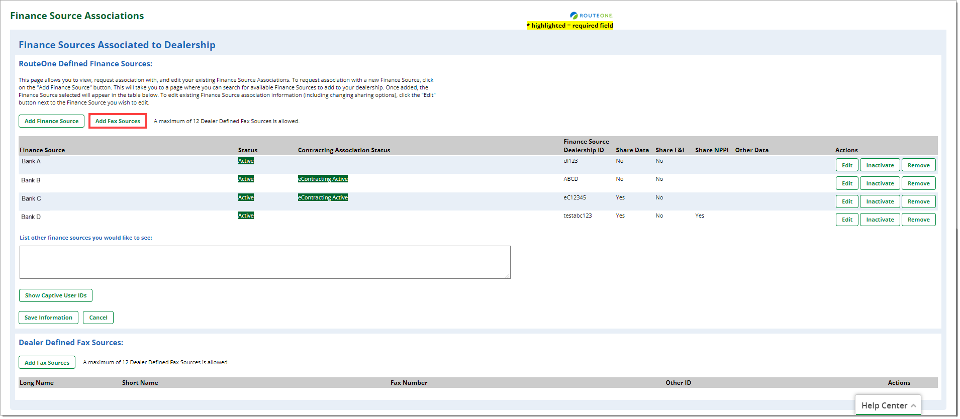 The Finance Source Associations with the ‘Add Fax Sources’ button highlighted by a box.