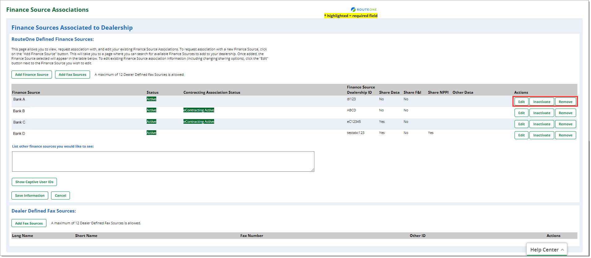 The Finance Source Associations page with a box highlighting the ‘Edit,’ ‘Inactivate,’ and ‘Remove’ buttons in the ‘Actions’ column.