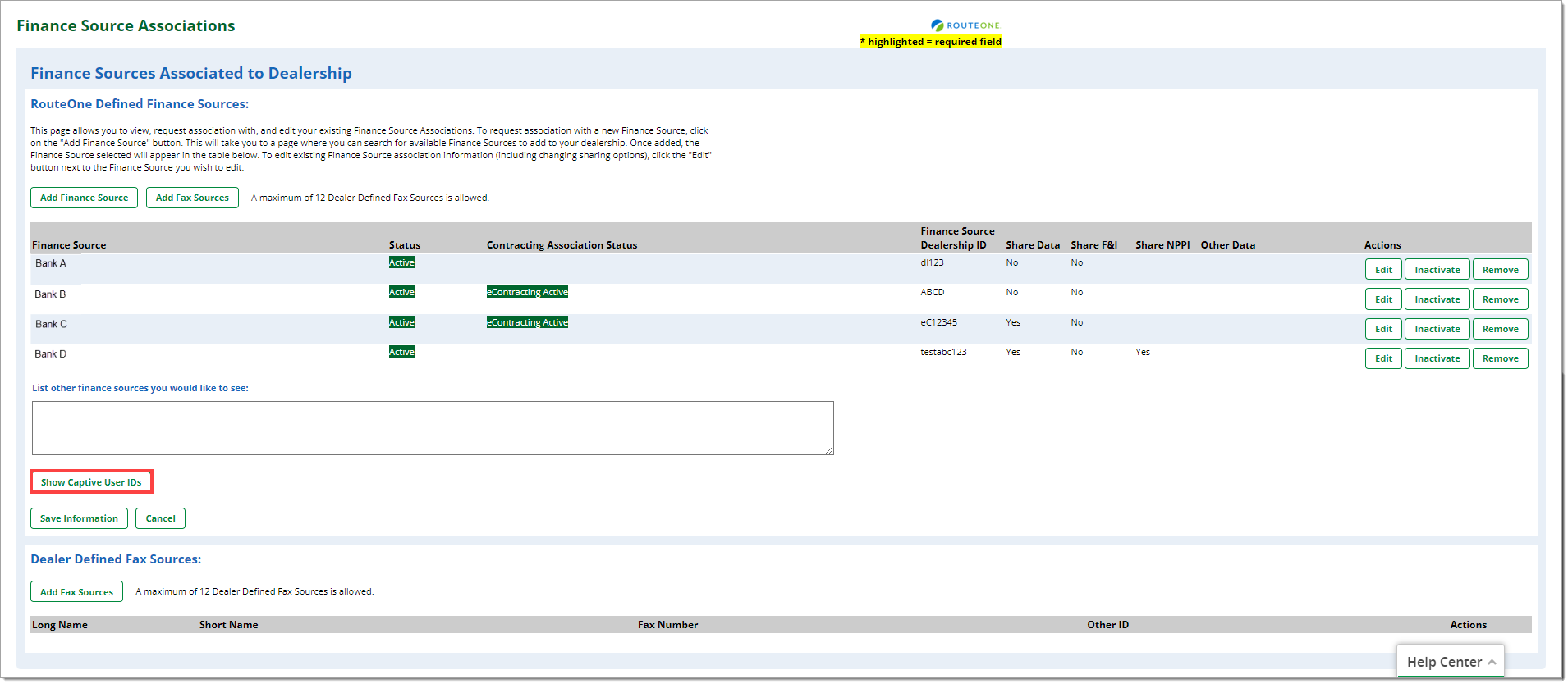 The Finance Source Associations page with a box highlighting the ‘Show Captive User IDs’ button.