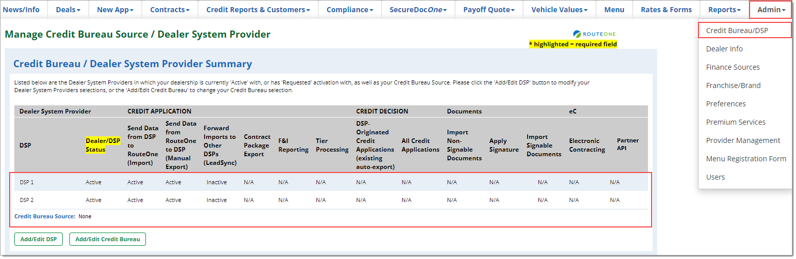 Box around ‘Admin’ tab, and box around ‘Credit Bureau/DSP’ in dropdown menu. Box around currently associated Dealer System Providers and Credit Bureau. 