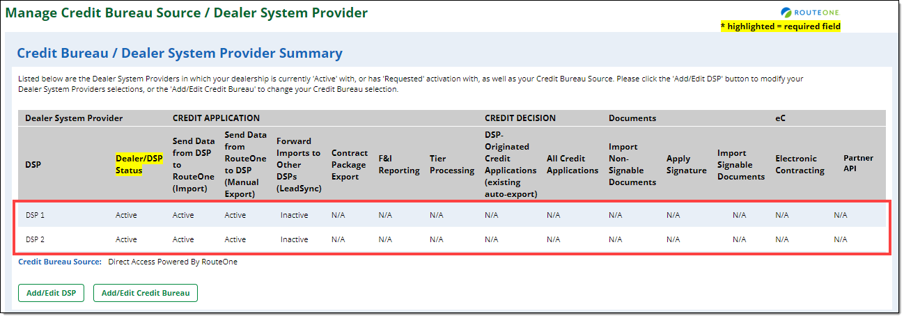 Box around Dealer System Providers (DSPs) your dealership is currently associated with. 