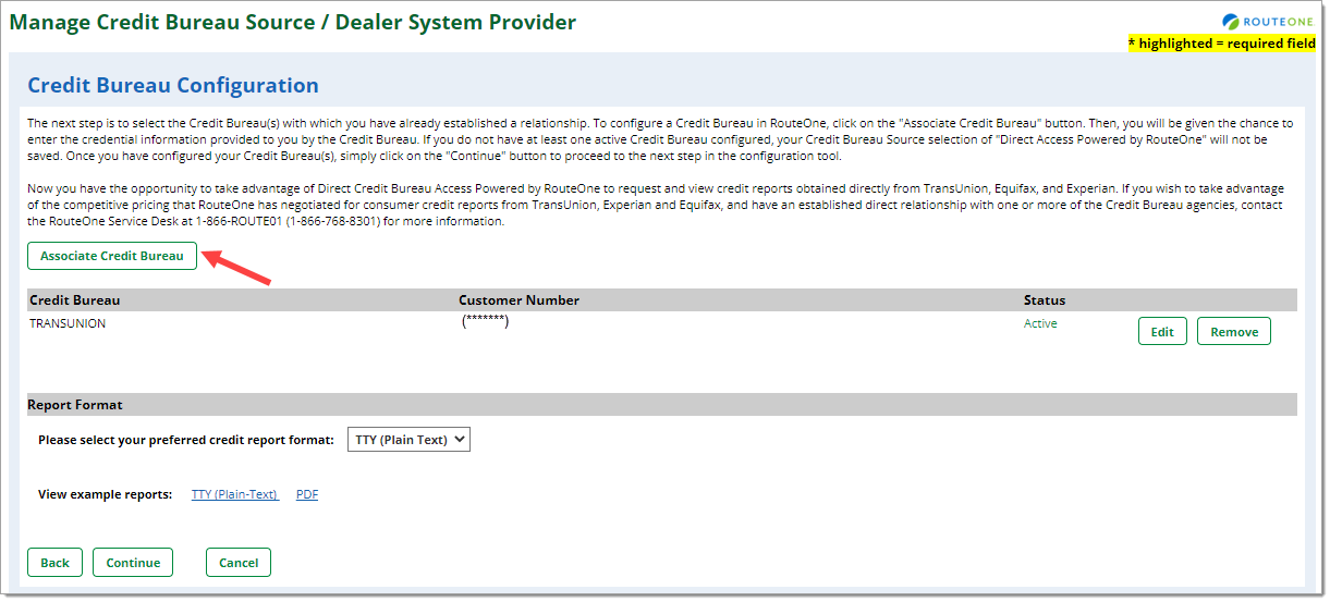 Arrow pointing to the ‘Associate Credit Bureau’ button.