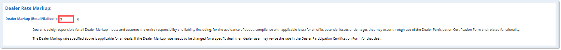 The ‘Dealer Rate Markup’ section with a box highlighting the ‘Dealer Markup (Retail/Balloon)’ field.