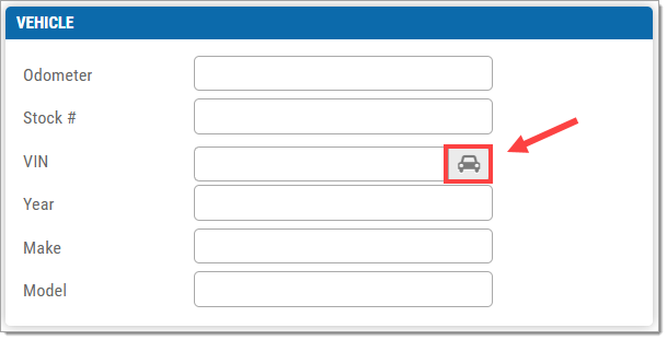 The Vehicle section of the Quick Entry tab with a box highlighting the ‘Car’ icon in the ‘VIN’ field and an arrow pointing towards it.