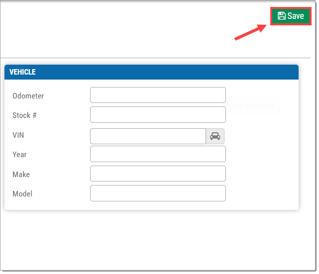 A zoomed-in view of the ‘Vehicle’ section with the ‘Save’ button above it, highlighted by a box and an arrow pointing towards it.