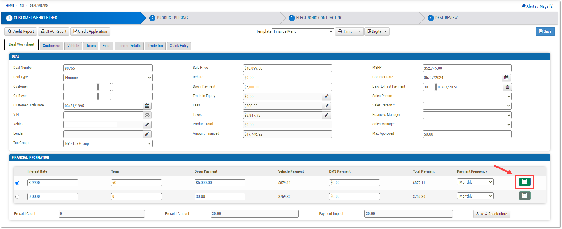 The Deal Worksheet of Step One of the Deal Wizard with the calculator icons in the ‘Financial Information’ section highlighted by a box.