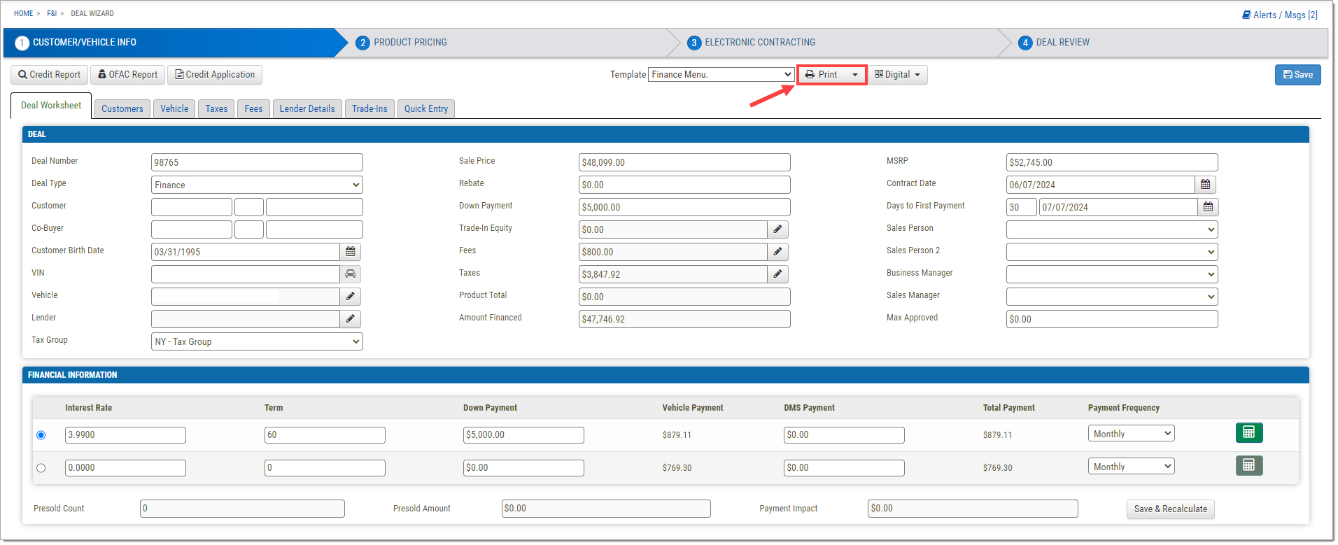 Step One of the Deal Wizard with a box highlighting the ‘Print More’ button and ‘Finance Menu’ drop-down menu at the top of the page.