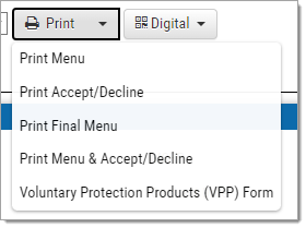 The ‘Print’ drop-down menu showing the documents available to print.