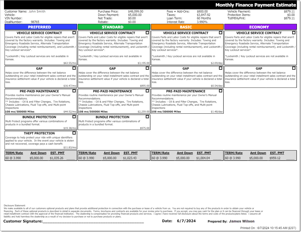 The preview of the printable Finance Menu.