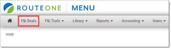 A zoomed-in view of the upper left of the RouteOne Menu homepage, with a box highlighting ‘F&I Deals.’