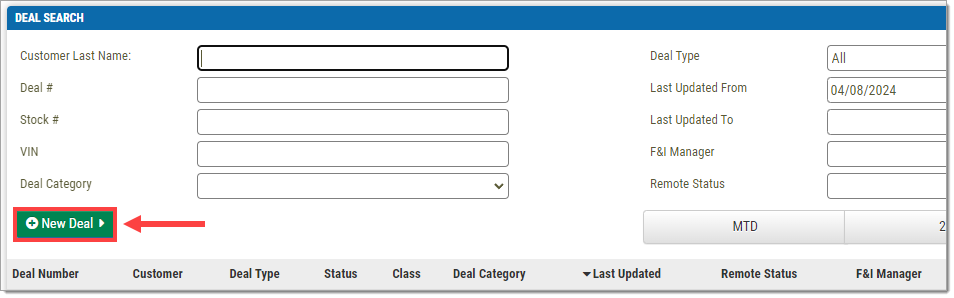 The F&I Deals page with a box highlighting and arrow pointing to the ‘+New Deal’ button.